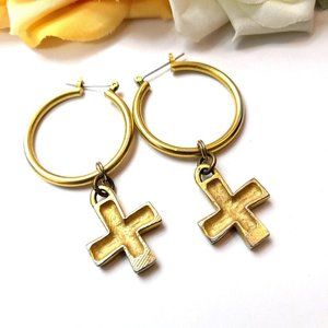 Gold-Tone Cross Hoop Earrings Pierced Ears Devotional Religious Carved Dangly